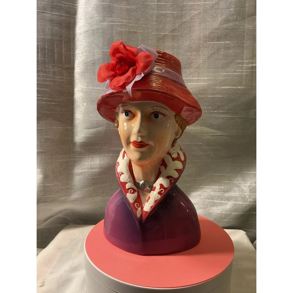 Vintage Style Ceramic Lady Head Vase Purple Coat Red Hat Floral Accent 9.5 inch